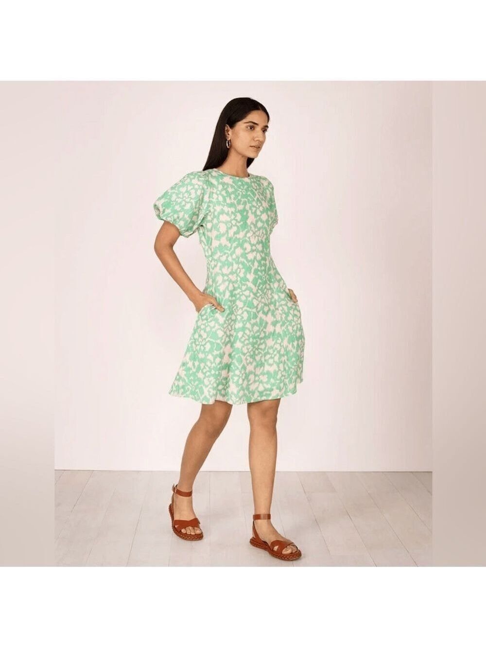 NWT Banjanan Gracia 100% Linen Dress In Calcite Green and Tan Ikat Size Small